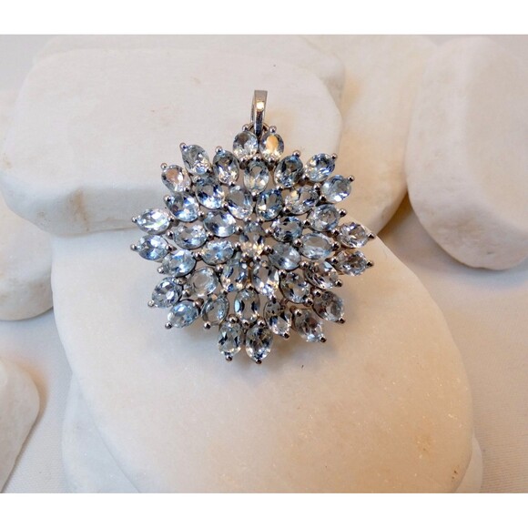 Natural Sky Blue Topaz  Star Burst-Flower 925 Sterling Silver Pendant Necklace - Picture 4 of 10